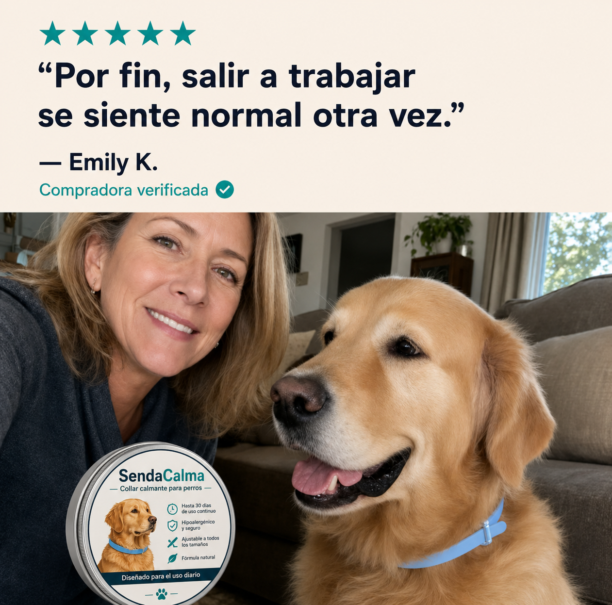 Collar calmante SendaCalma de doble feromona: alivio de la ansiedad sin medicamentos.